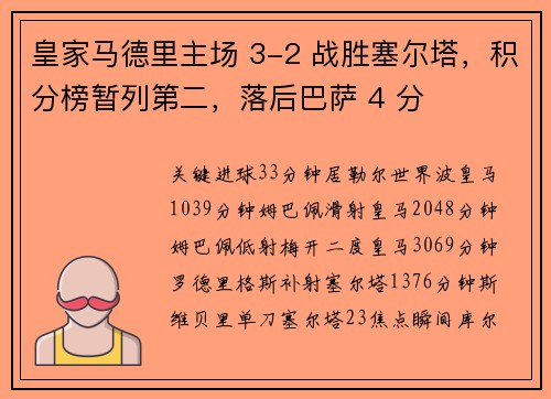 皇家马德里主场 3-2 战胜塞尔塔，积分榜暂列第二，落后巴萨 4 分